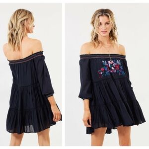 Free People Boho Cottagecore Black Floral Embroidered‎ Smocked Mini Dress